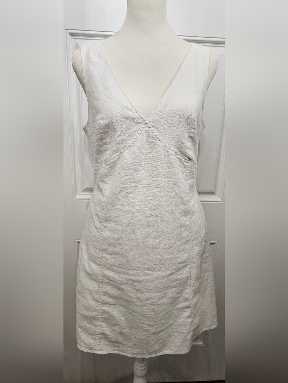 Open Edit White Linen Blend V Neck Tie Back Mini Dress Size S NWOT - Picture 2 of 7